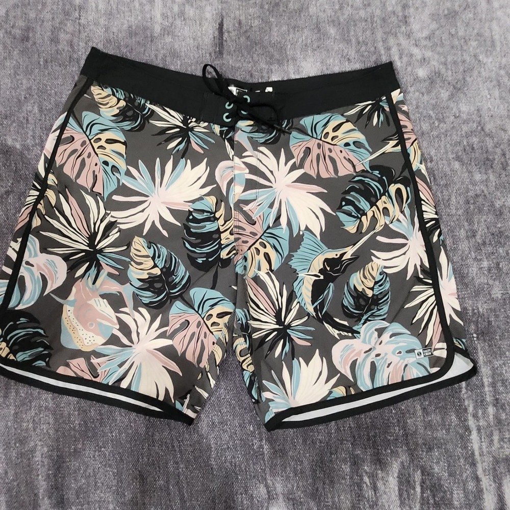 Salty Crew Board Shorts Mens 38 Tropical Marlin Floral Swim Trunks Gray Pink